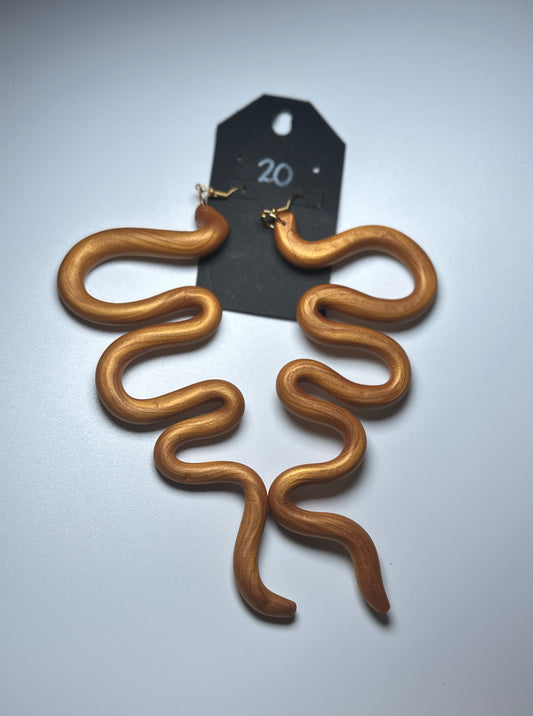 Golden Wave Snake Earrings – Handmade Sculptural Polymer Clay Statement Jewelry