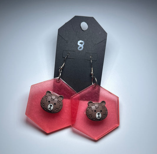Pink Resin Bear Earrings – Kawaii Aesthetic Hexagon Dangle Jewelry