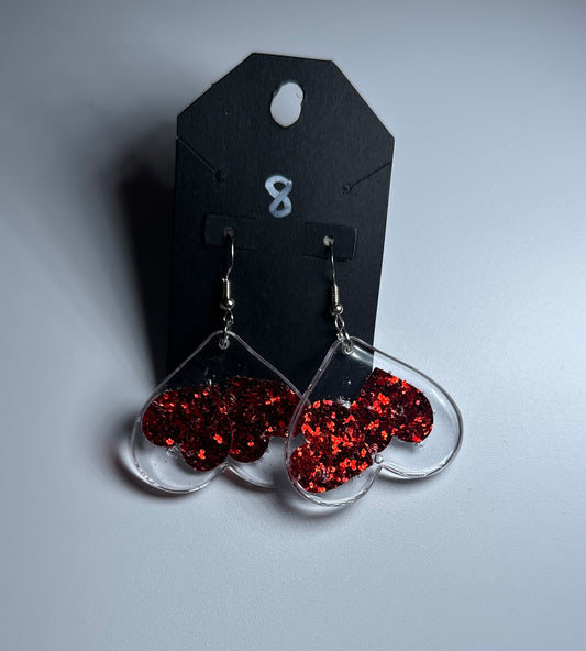 Red Glitter Heart Drop Earrings – Clear Resin Valentine’s Statement Jewelry