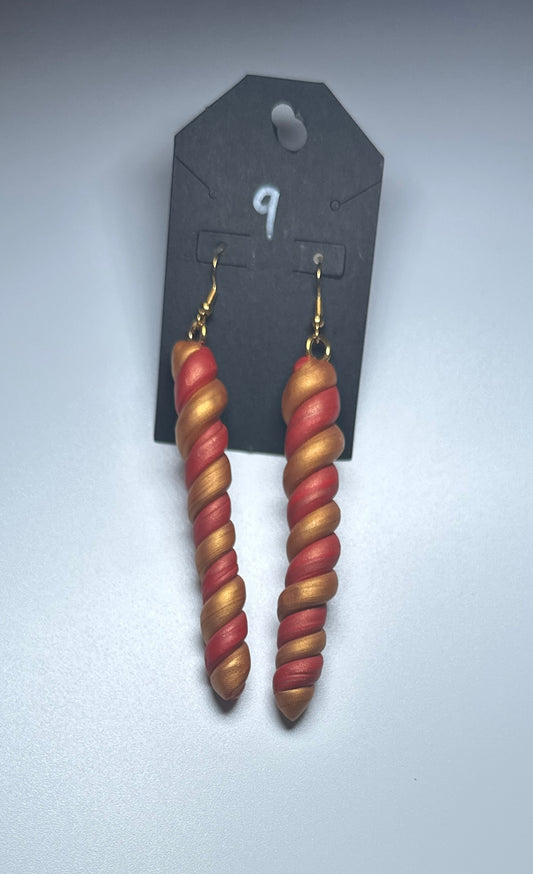 Fiery Swirl Drop Earrings – Metallic Gold & Red Polymer Twist Dangles