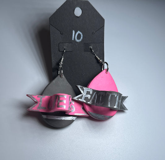 LBN “Love & Faith” Pink + Gray Banner Drop-Handmade Clay Earrings