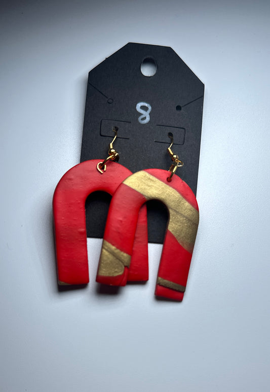 Red & Gold Arch Drop Earrings – Handmade Polymer Clay Statement Jewelry
