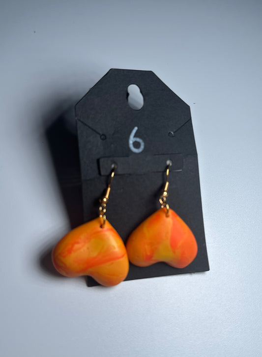 Sunset Swirl Heart Earrings – Orange & Yellow Marbled Clay Dangles