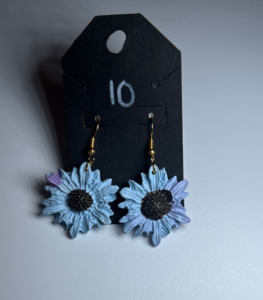 Frosted Bloom – Blue & Purple Sunflower-Handmade Clay Earrings