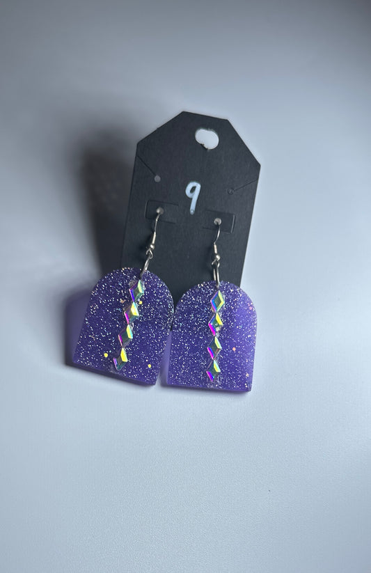 Purple Glitter Arch Earrings – Holographic Rhinestone Polymer Clay Statement Dangles