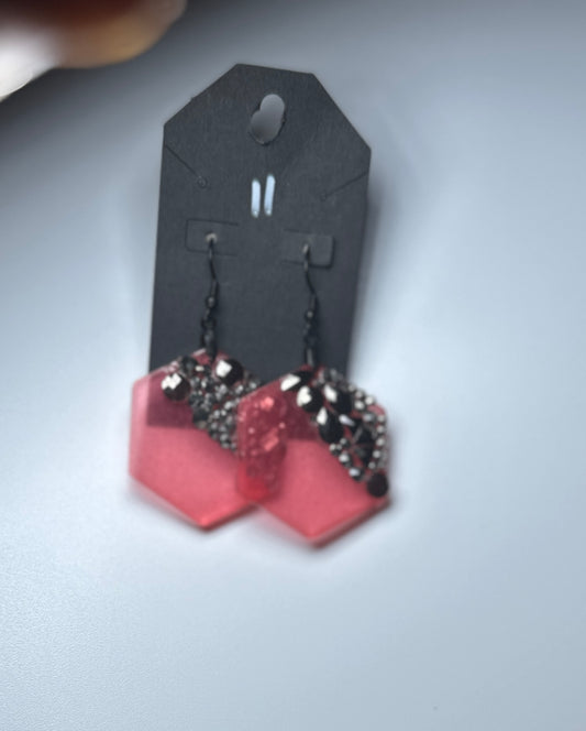 Glam Rock Light Red Hexagon Earrings – Resin Dangles with Black Beaded Chain Accent