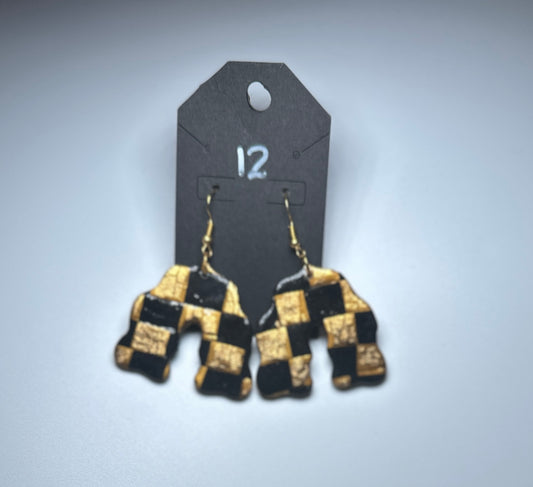 Bold Checkered Arch Earrings – Handmade Black & Gold Polymer Clay Statement Jewelry