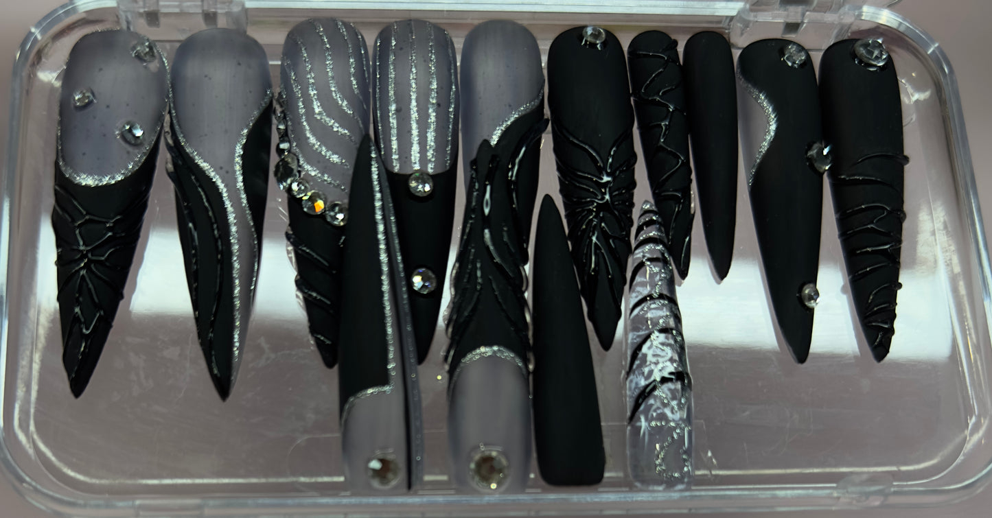 LBN “Midnight Drip” Press-On Nails 💖 | Black & Silver Marble Rhinestone Stiletto Set