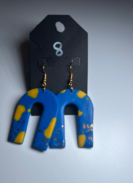 Blue & Yellow Arch Earrings – Handmade Polymer Clay Statement Jewelry