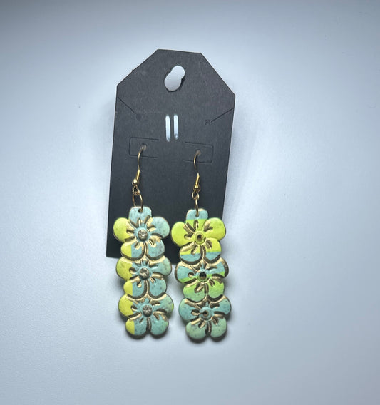 Stacked Flower Dangle Earrings – Handmade Yellow & Mint Green Polymer Clay Jewelry