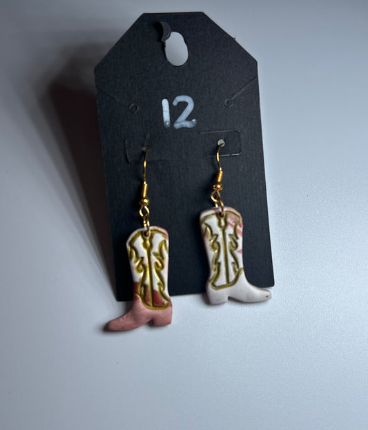 Yeehaw Cuties – Pink & White Cowboy Boot Earrings