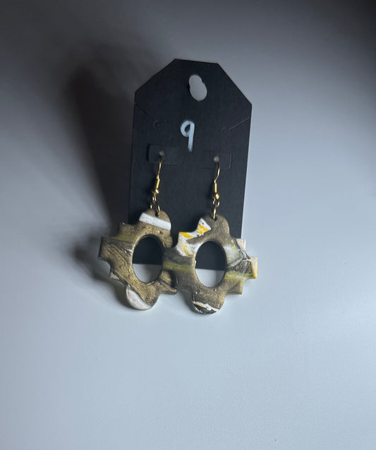 Earthy Abstract Polymer Clay Earrings – Marbled Green, White & Gold Geometric Dangles