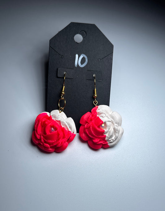 Bold Pink & White Rose Earrings – Handmade Clay Floral Statement Jewelry