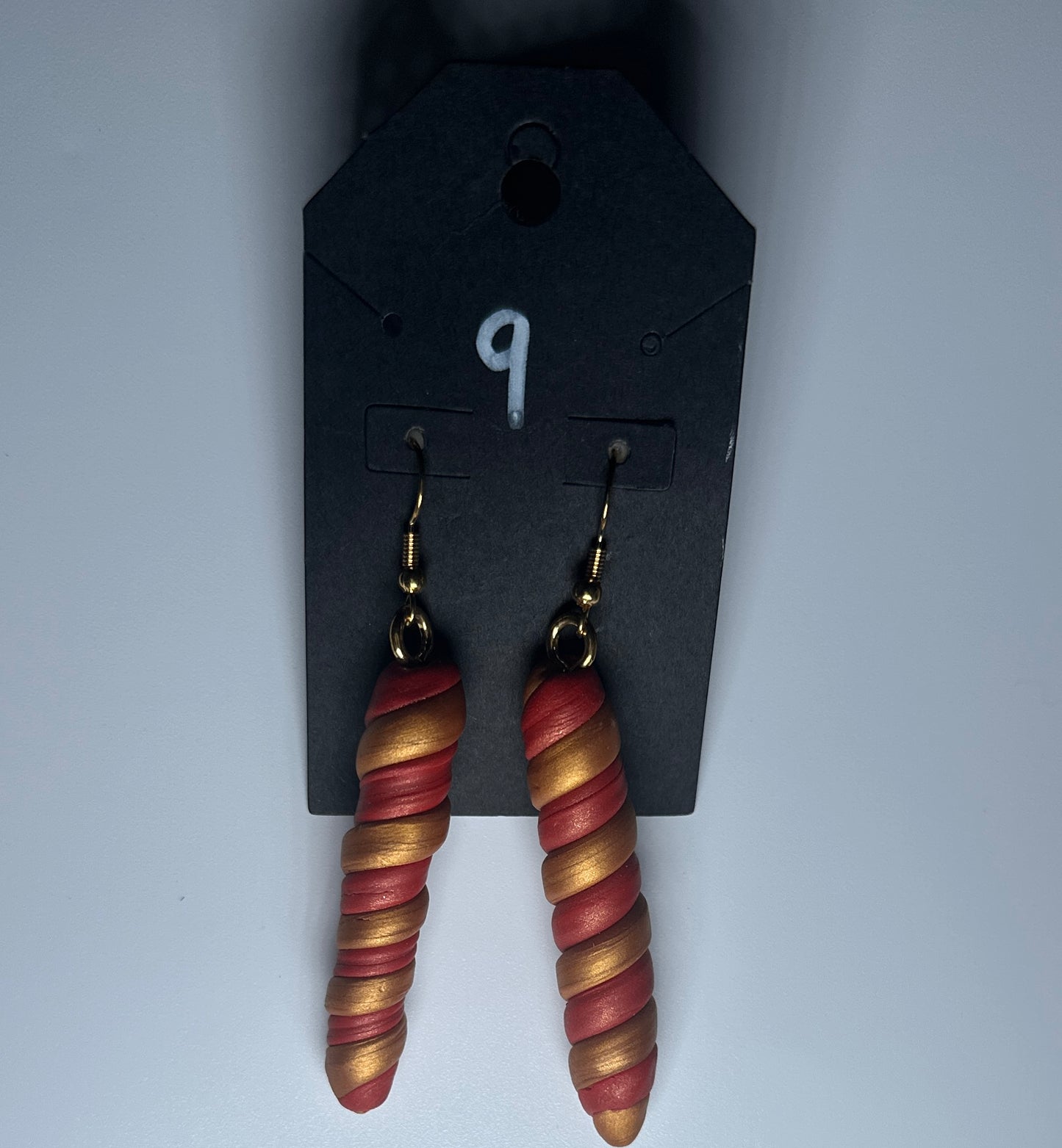 Fiery Swirl Drop 2 Earrings – Metallic Gold & Red Polymer Twist Dangles
