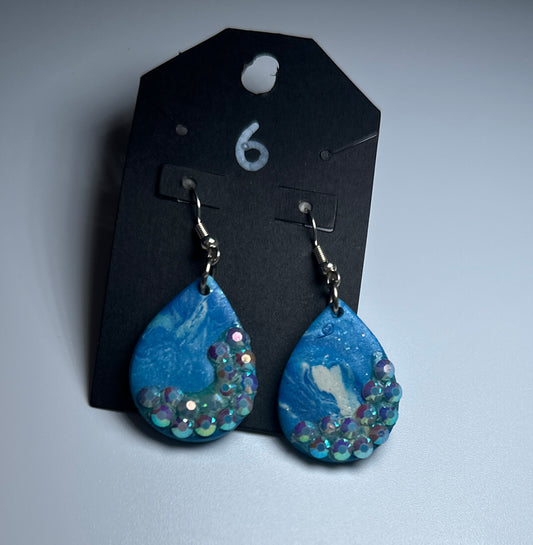 LBN “Mermaid Splash” Blue Teardrop Earrings Handmade Clay with Rhinestones