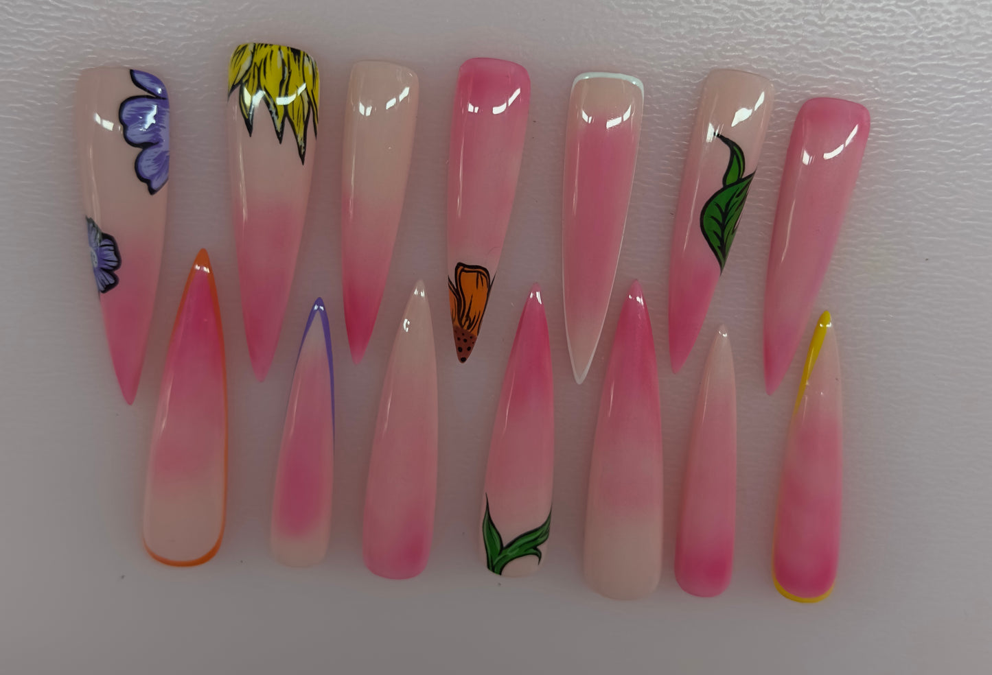 Blush Spring Flowers – Pink Ombre Floral Press-On Nails (Medium, 14pc Handmade Set)