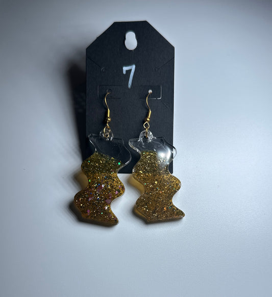Clear Gold Glitter Resin Earrings – Abstract Curvy Drop Statement Jewelry