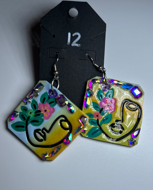 Colorful Abstract Face & Floral Earrings – Mixed Media Art Jewelry with Rhinestones