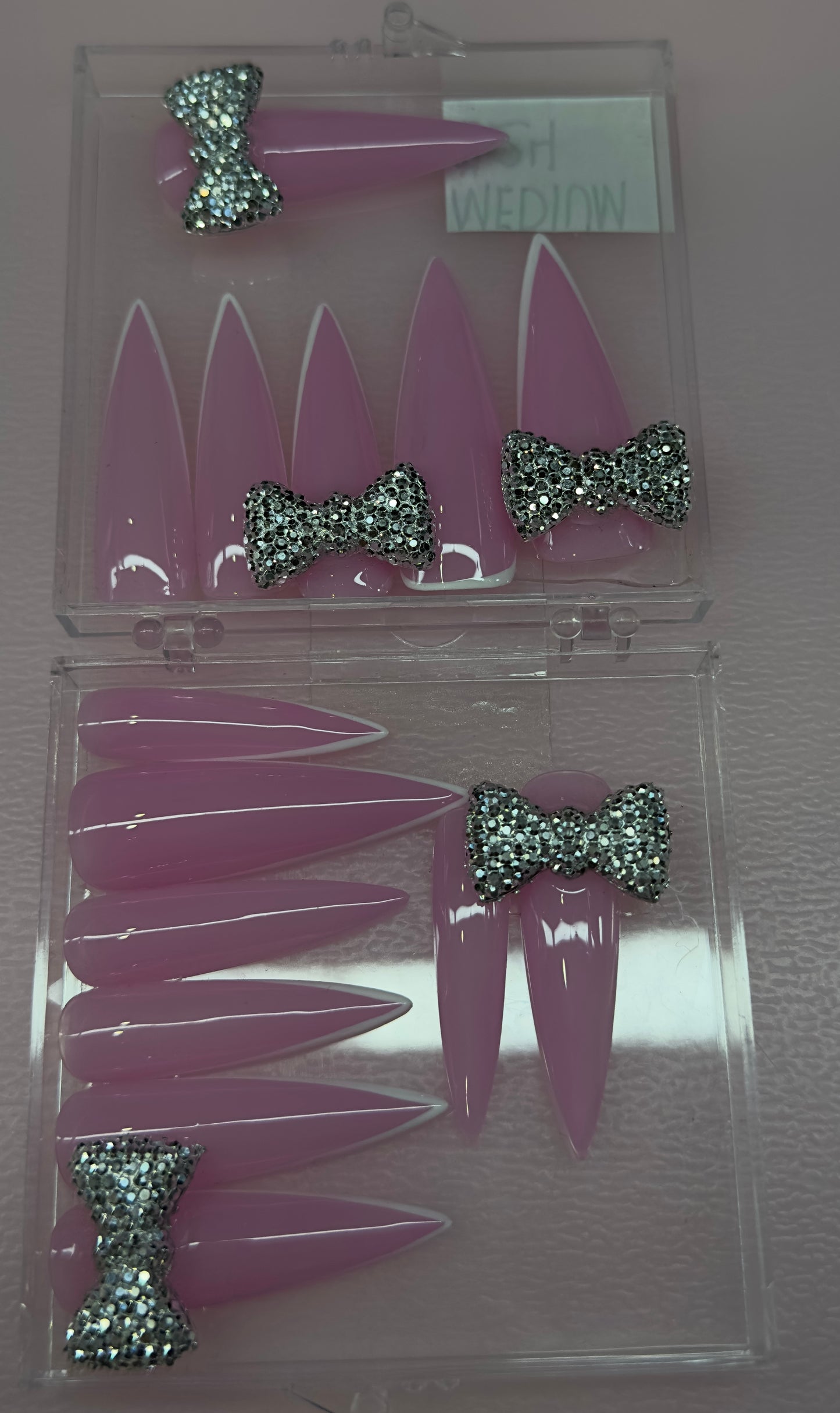 Pink Crystal Princess – Handmade Long Stiletto Press-On Nails (Medium, 14pc Set)