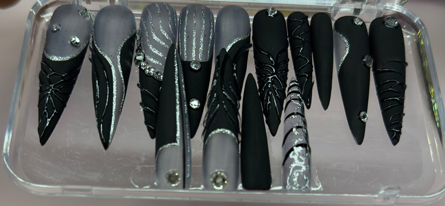 LBN “Midnight Drip” Press-On Nails 💖 | Black & Silver Marble Rhinestone Stiletto Set