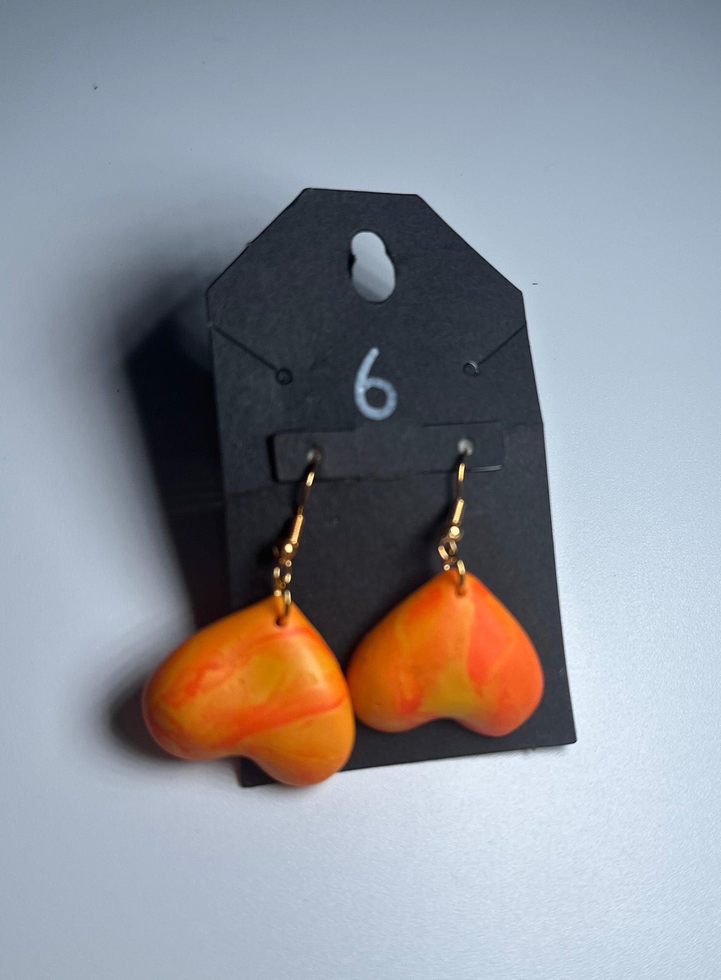 Sunset Swirl Heart Earrings – Orange & Yellow Marbled Clay Dangles