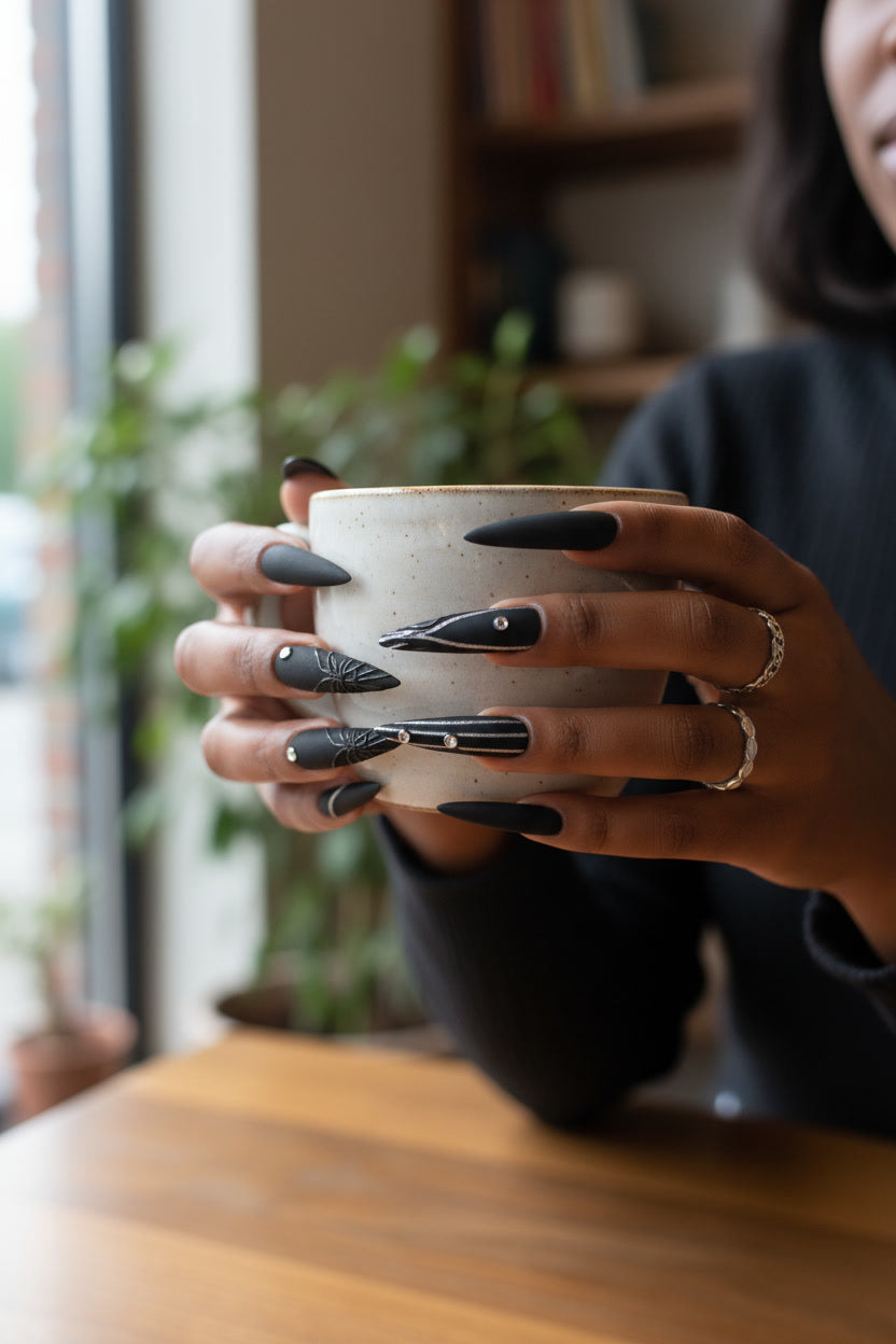 LBN “Midnight Drip” Press-On Nails 💖 | Black & Silver Marble Rhinestone Stiletto Set