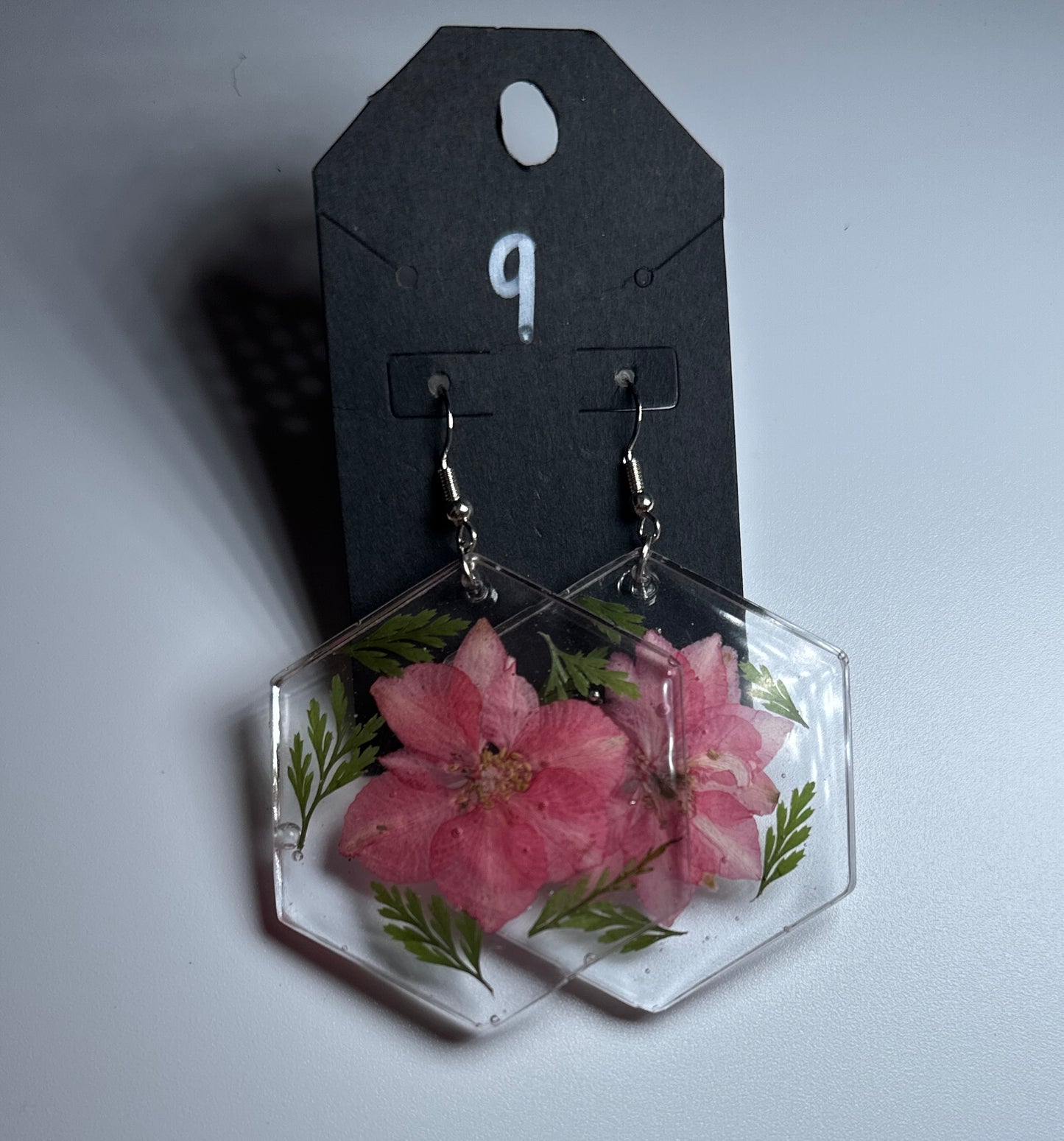 Pressed Blossom Hex – Real Flower Resin Earrings