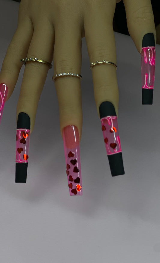 Pink Heart Acrylic Press-On Nail Set (Long Coffin)