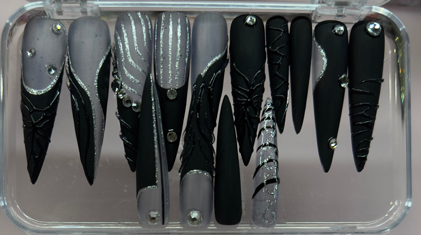 LBN “Midnight Drip” Press-On Nails 💖 | Black & Silver Marble Rhinestone Stiletto Set