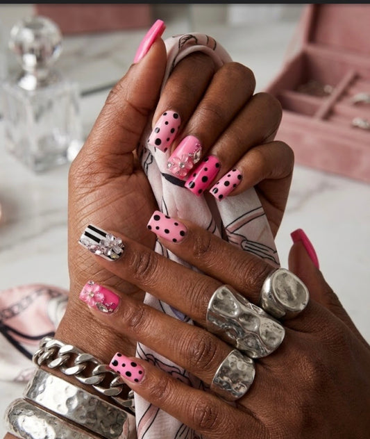 Barbie Blossom – Pink Polka Dot Glam Press-On Nails (Medium/Large, 14pc Handmade Set)