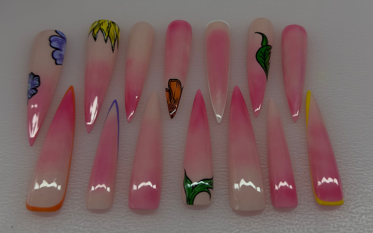 Blush Spring Flowers – Pink Ombre Floral Press-On Nails (Medium, 14pc Handmade Set)