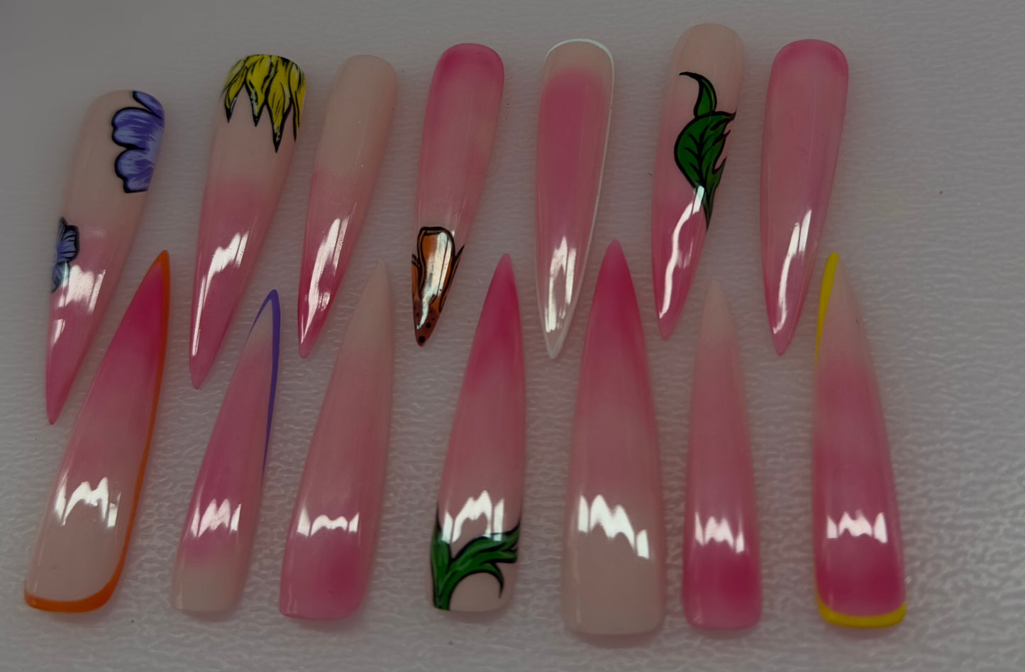 Blush Spring Flowers – Pink Ombre Floral Press-On Nails (Medium, 14pc Handmade Set)