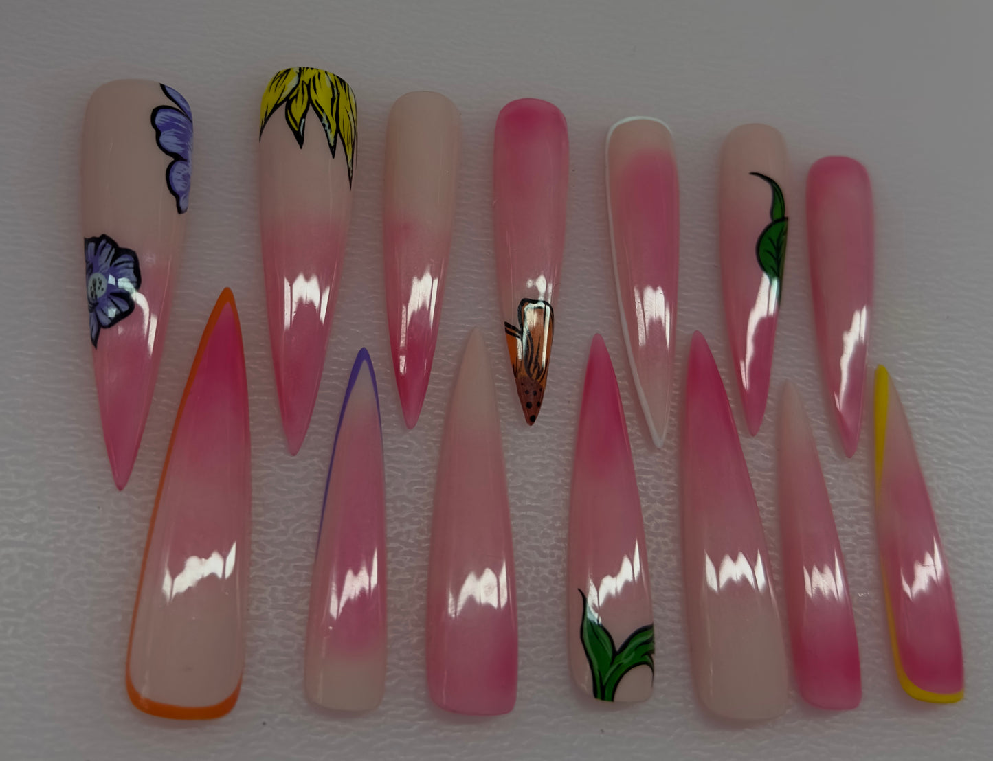 Blush Spring Flowers – Pink Ombre Floral Press-On Nails (Medium, 14pc Handmade Set)