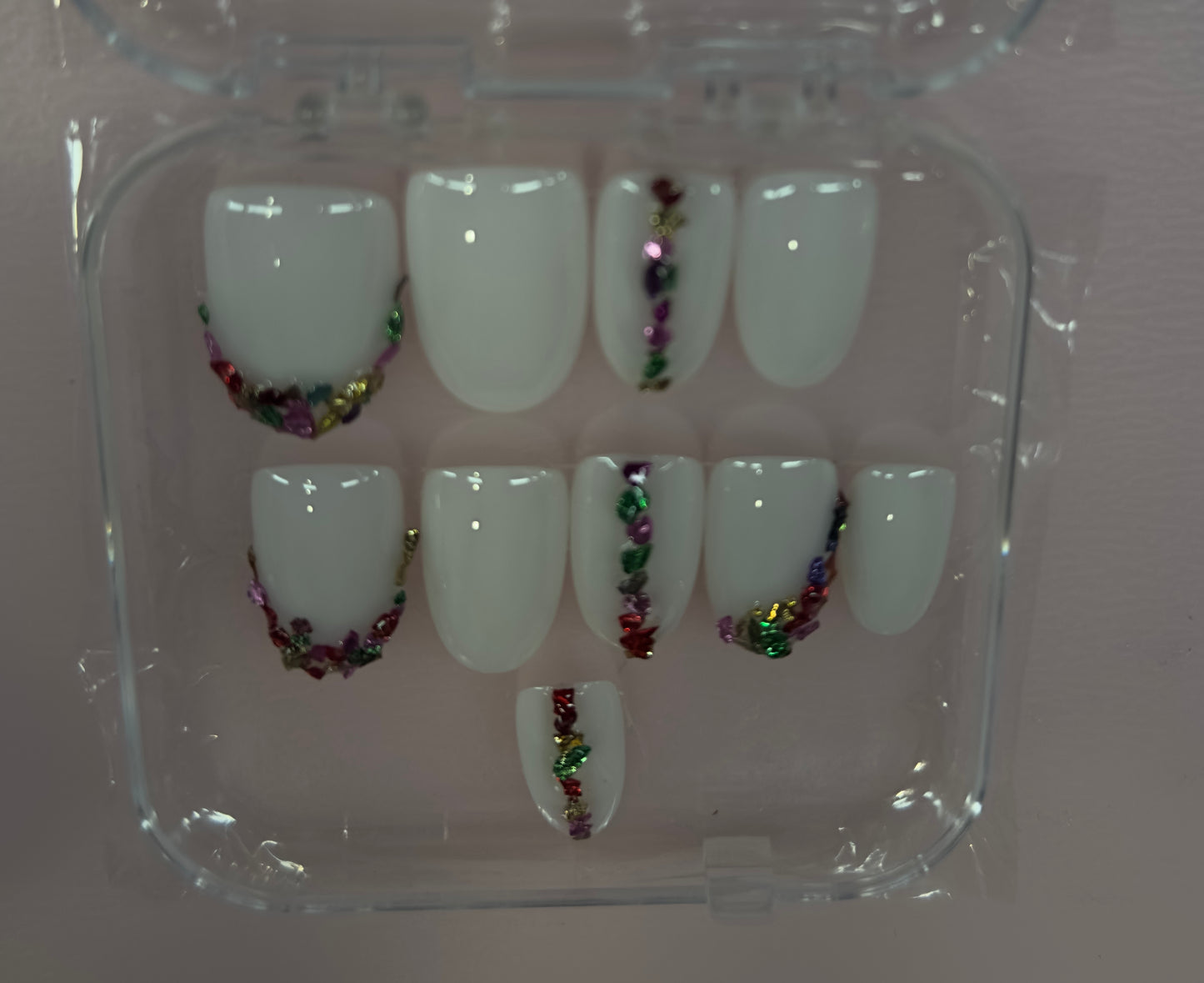 Confetti Crown – White Press-On Nails with Gem French Design | Austin, TX (XL/Large, 10pc Set)