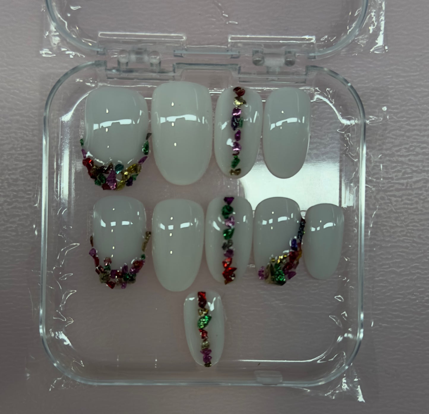 Confetti Crown – White Press-On Nails with Gem French Design | Austin, TX (XL/Large, 10pc Set)