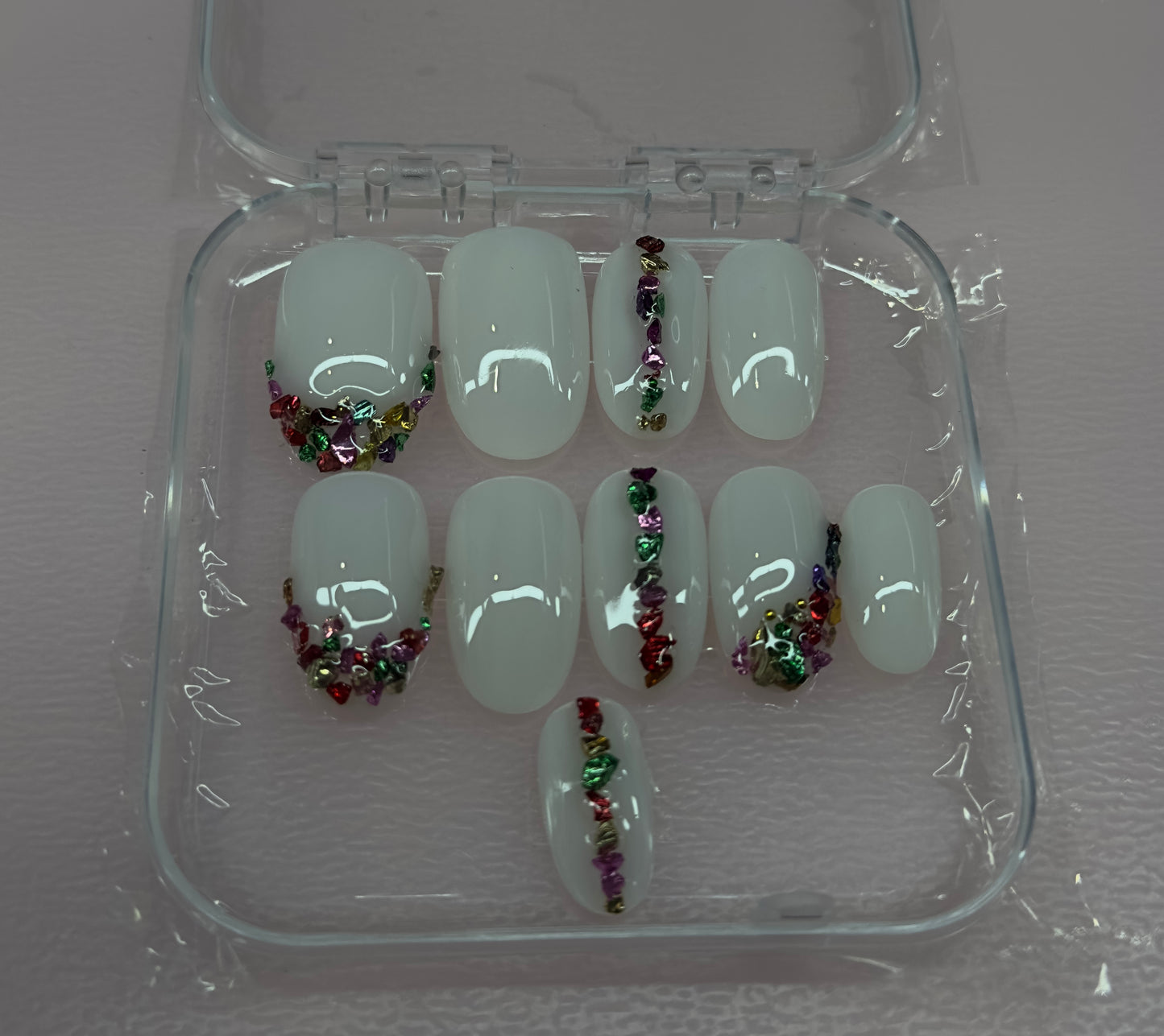 Confetti Crown – White Press-On Nails with Gem French Design | Austin, TX (XL/Large, 10pc Set)