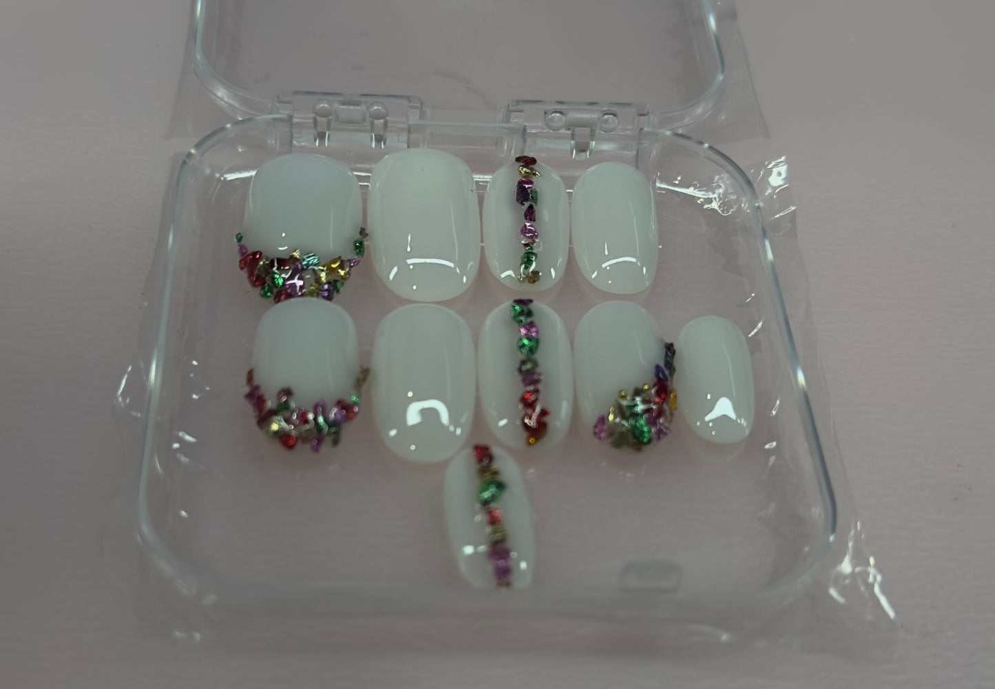 Confetti Crown – White Press-On Nails with Gem French Design | Austin, TX (XL/Large, 10pc Set)