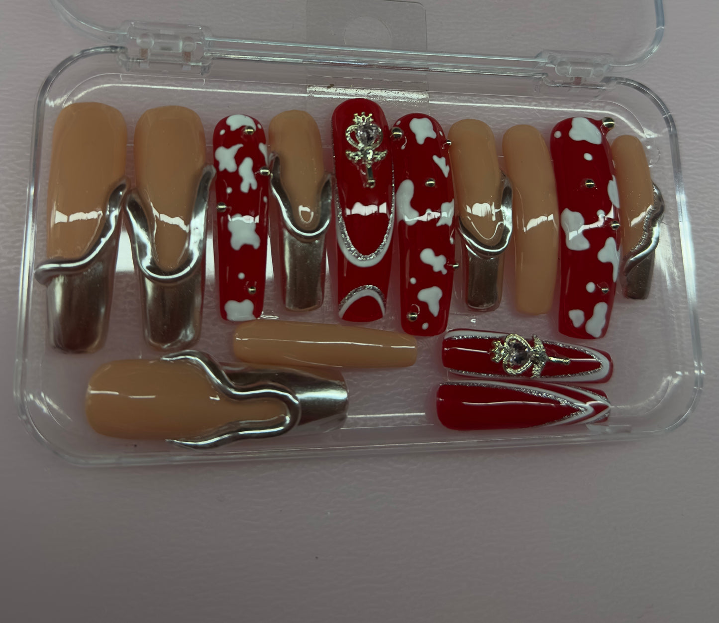Cowgirl Chrome- Red Western Glam Press-on Nail (Medium, 14 pc Handmade Set)