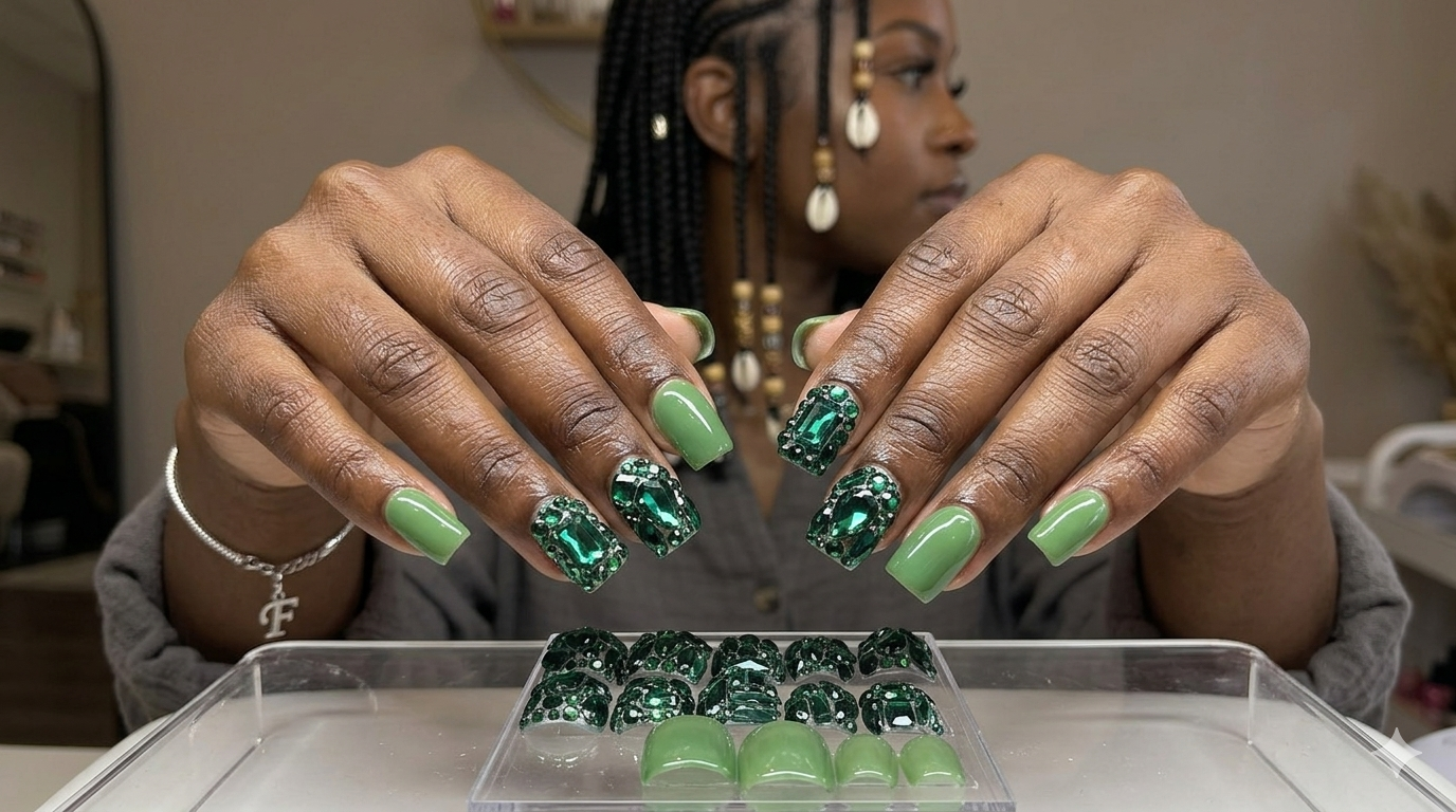 Luck of Green Bling – Luxury Rhinestone Press-On Nails | Austin, TX (Size Medium, 14pc Set)