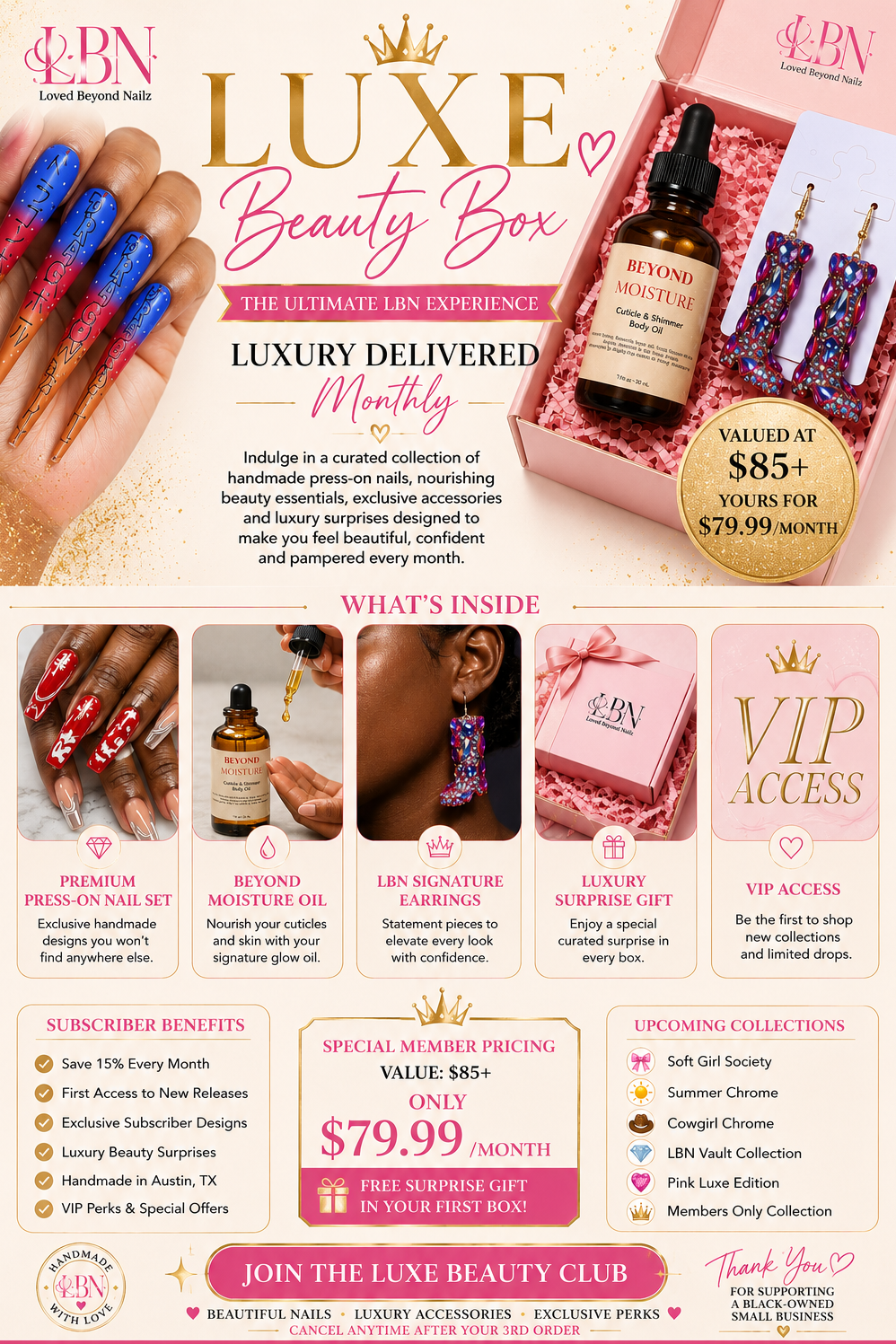 Luxe Beauty Box promotional flyer with product images and subscription details.