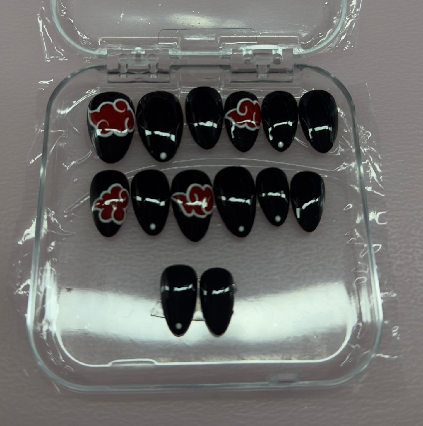 Midnight Akatsuki – Anime Inspired Black & Red Press-On Nails (Medium, 14pc Handmade Set)