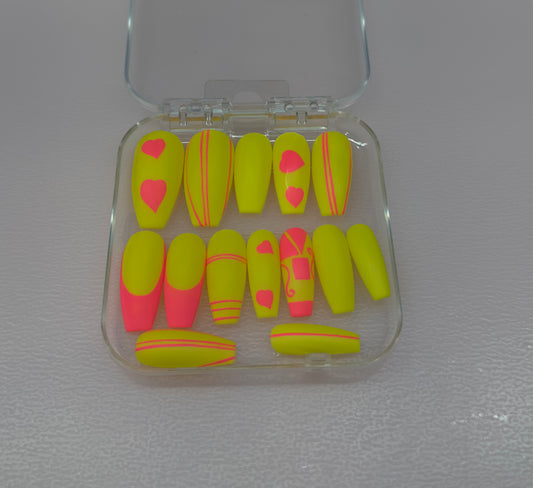 Neon Love Rush – Lime & Pink Heart Press-On Nails | Austin, TX (XL/Large, 14pc Set)