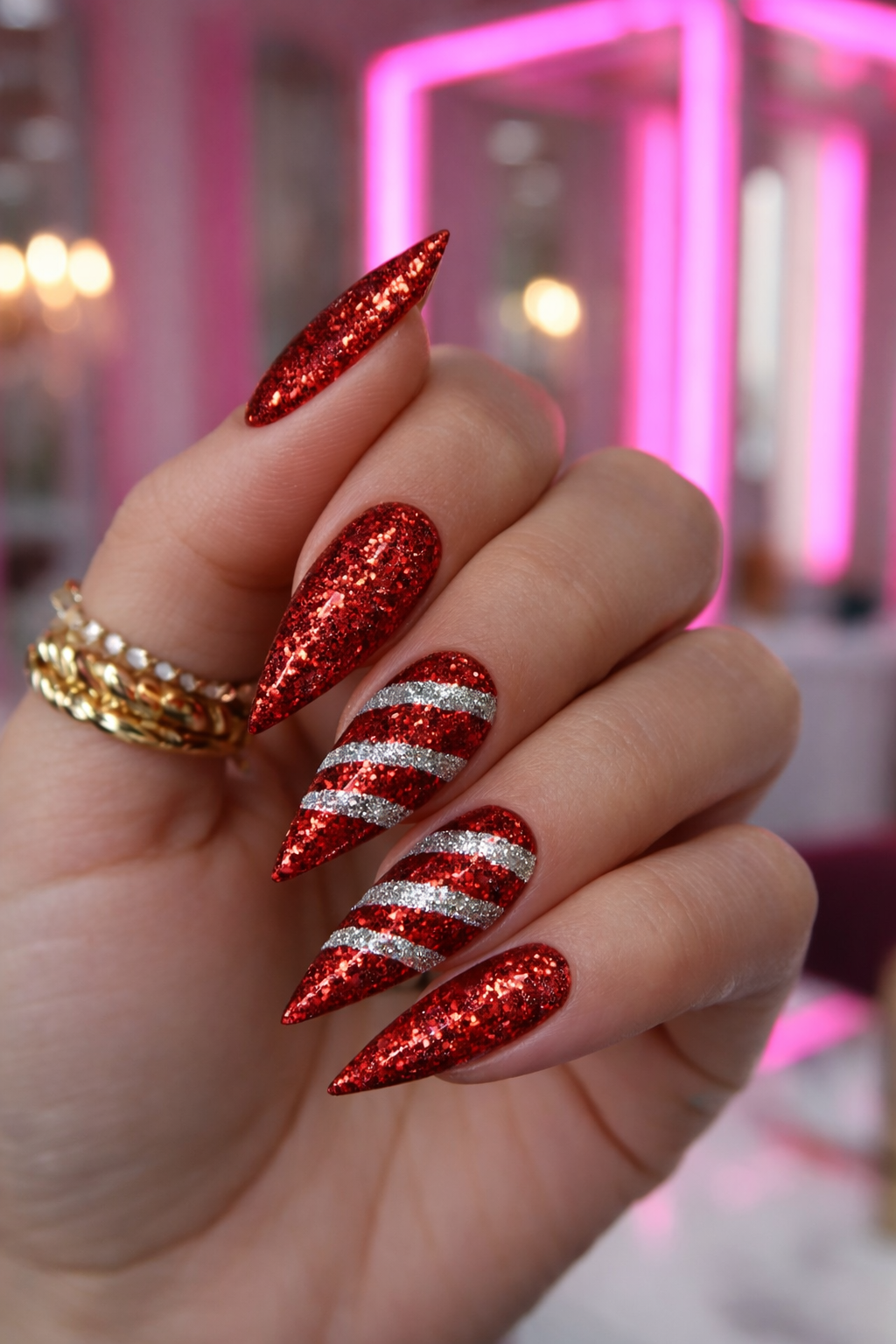 Silver Lined Ruby – Red Glitter Press-On Nails | Austin, TX (XL/Large, 14pc Set)