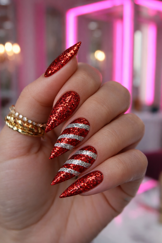Silver Lined Ruby – Red Glitter Press-On Nails | Austin, TX (XL/Large, 14pc Set)