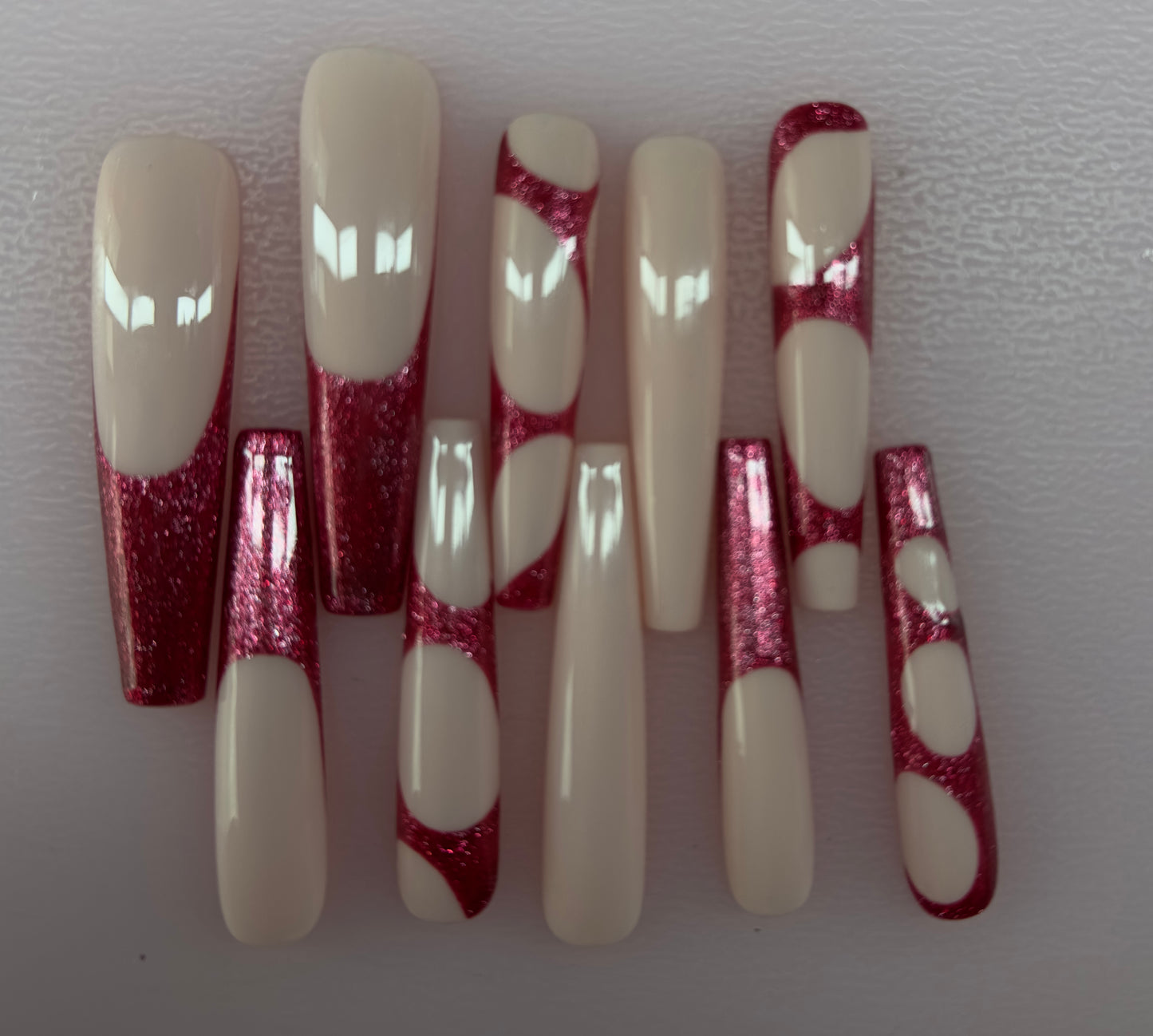 Ruby Drift – Red Glitter Nude Press-On Nails (Medium, 14pc Handmade Set)