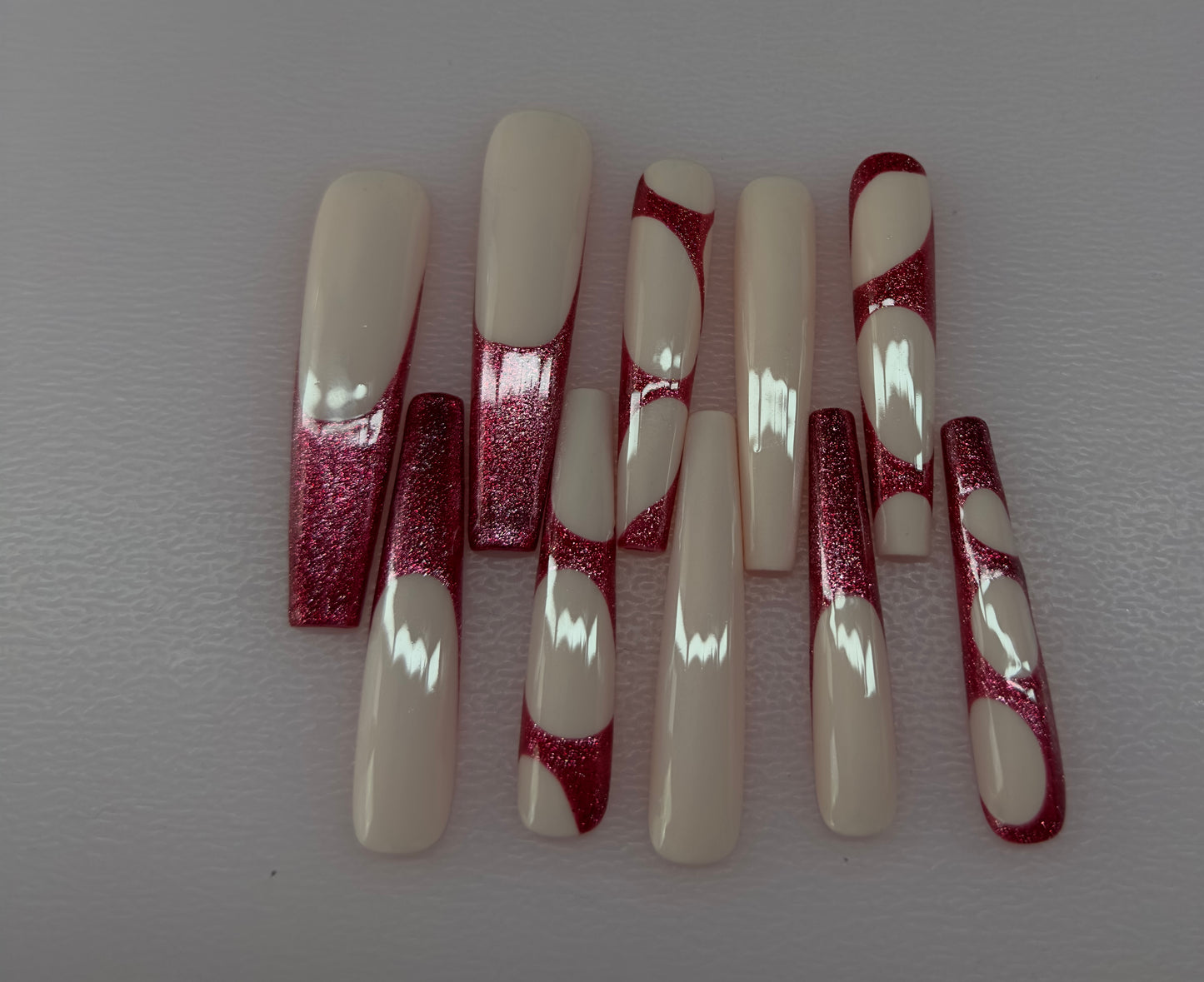 Ruby Drift – Red Glitter Nude Press-On Nails (Medium, 14pc Handmade Set)