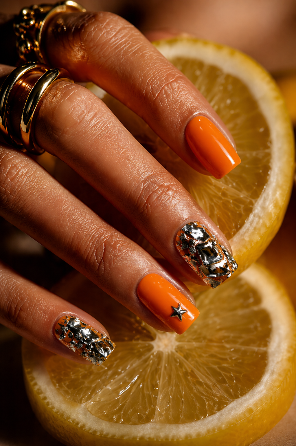 Star Girl Pop – Neon Orange Chrome Press-On Nails | Austin, TX (Size Small, 14pc Set)