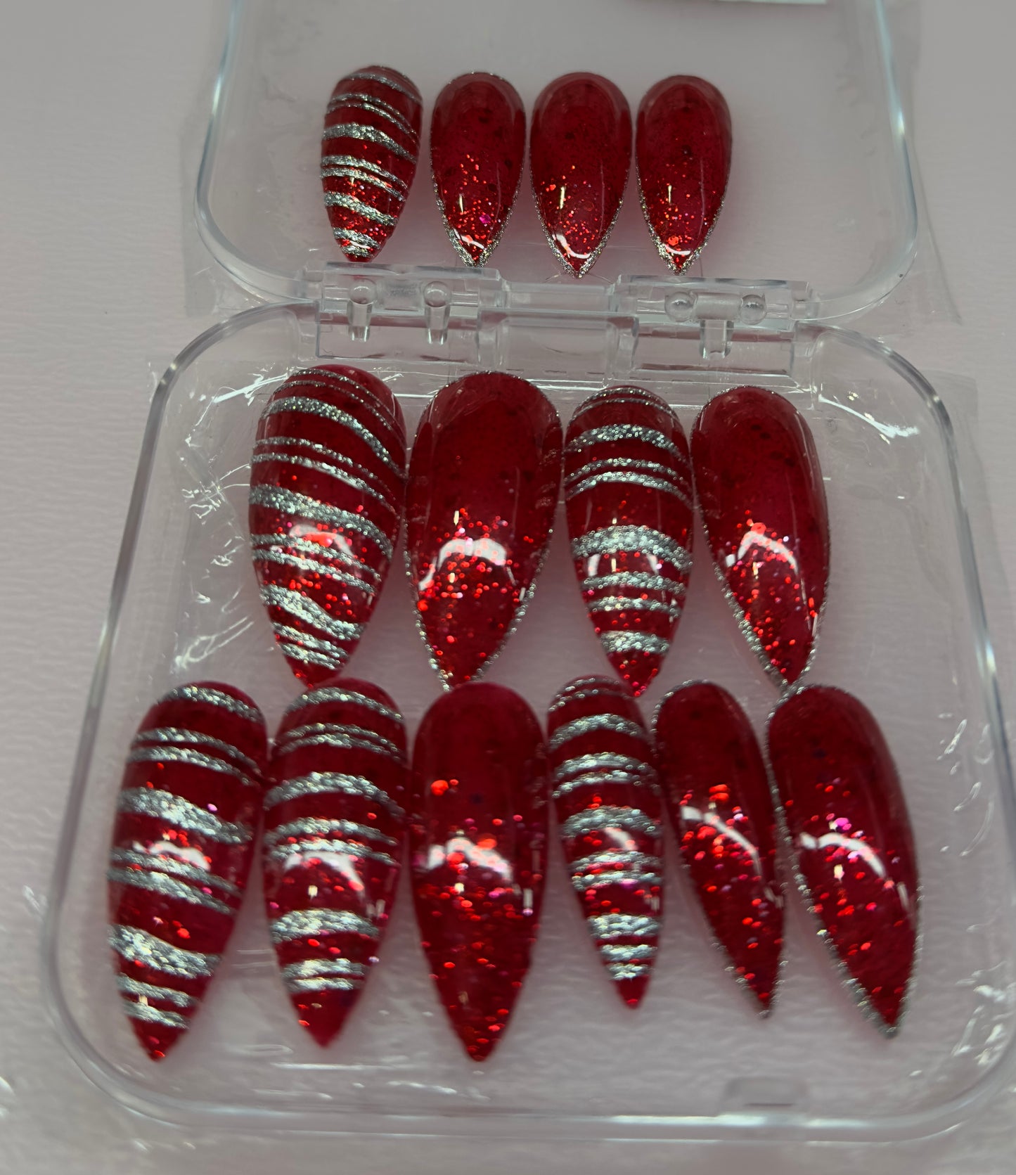 Silver Lined Ruby – Red Glitter Press-On Nails | Austin, TX (XL/Large, 14pc Set)