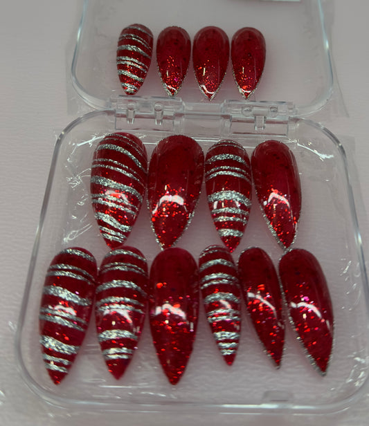 Silver Lined Ruby – Red Glitter Press-On Nails | Austin, TX (XL/Large, 14pc Set)