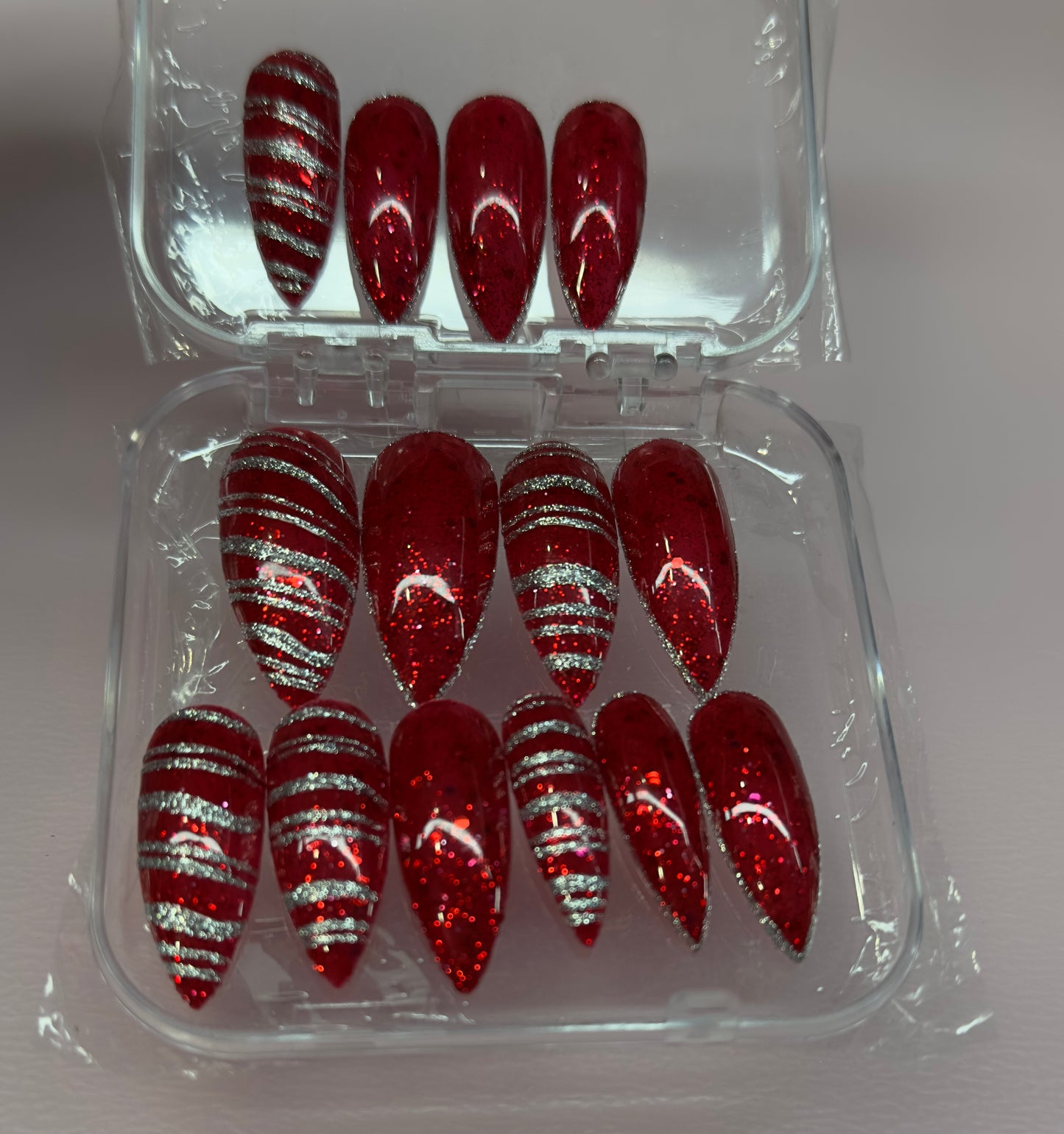 Silver Lined Ruby – Red Glitter Press-On Nails | Austin, TX (XL/Large, 14pc Set)
